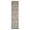 Long narrow runner rug with a muted coral and beige modern pattern and a detailed border design.
