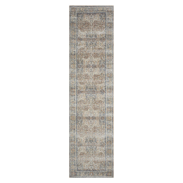 Long narrow runner rug with a muted coral and beige modern pattern and a detailed border design.