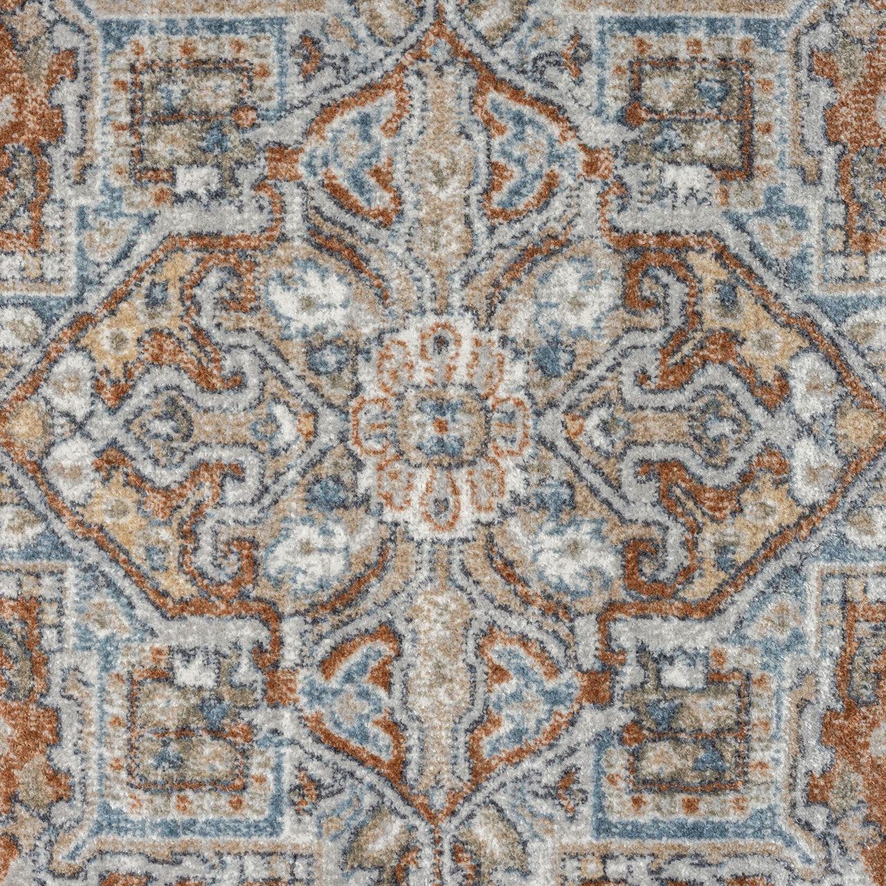 Blue and brown indigo runner rug with intricate floral and geometric modern pattern.