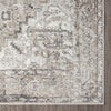 Neutral-toned runner rug with intricate geometric and floral patterns in beige, gray, and cream shades.