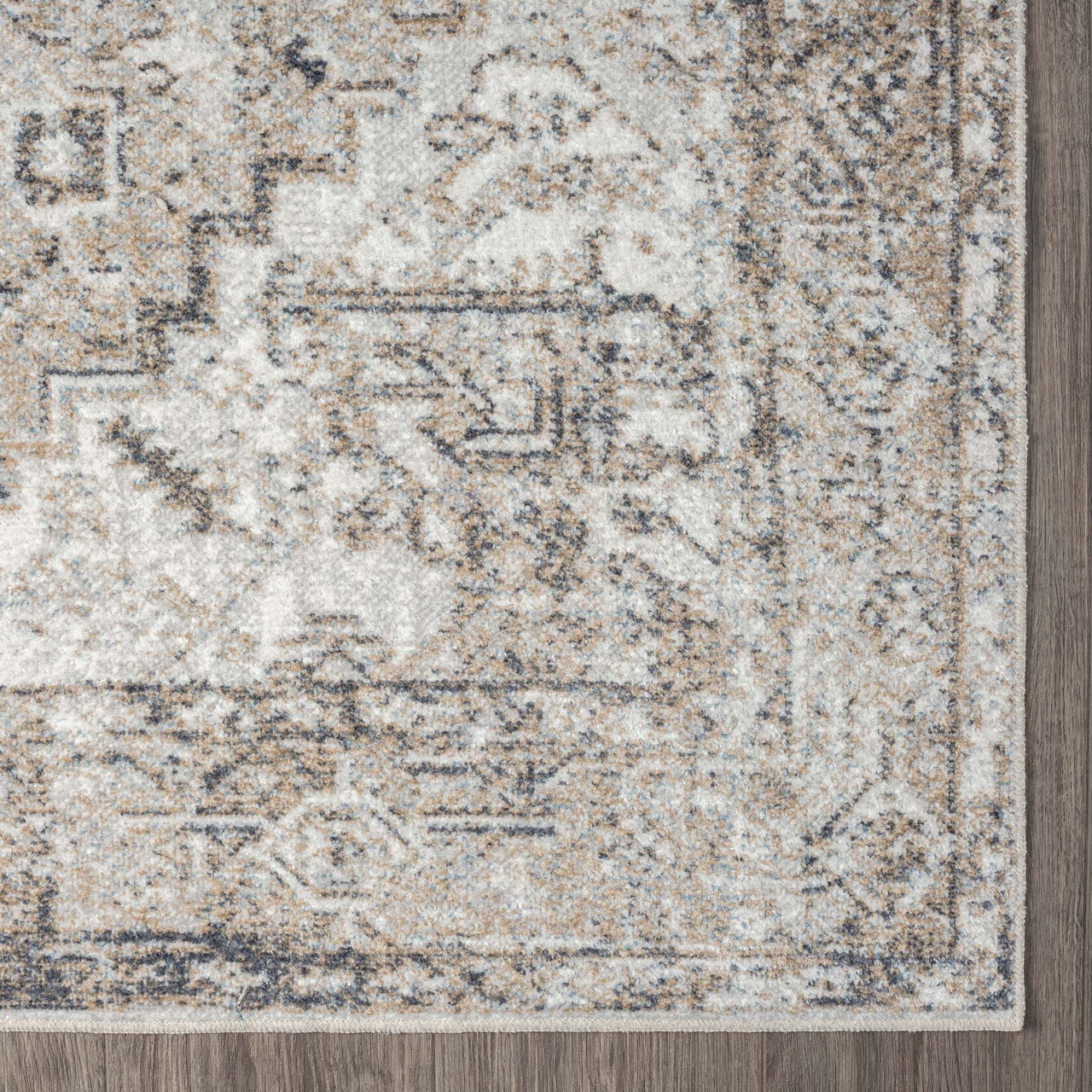 Neutral-toned runner rug with intricate geometric and floral patterns in beige, gray, and cream shades.