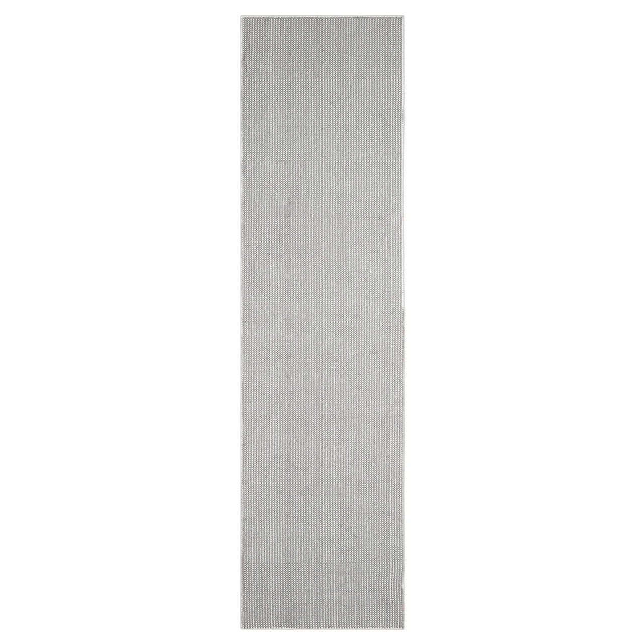 Grey flatweave runner rug with subtle monochrome geometric pattern and minimalist design.