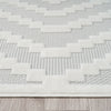 Cream and beige geometric patterned rug with textured polypropylene pile on wood floor.