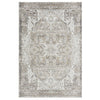Transitional rug in earth tones with intricate geometric and floral patterns, machine washable design.