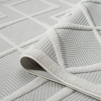 White modern runner rug with raised geometric diamond pattern and textured polypropylene pile.