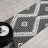 Grey and white modern geometric patterned runner rug with textured pile and fringed edges.