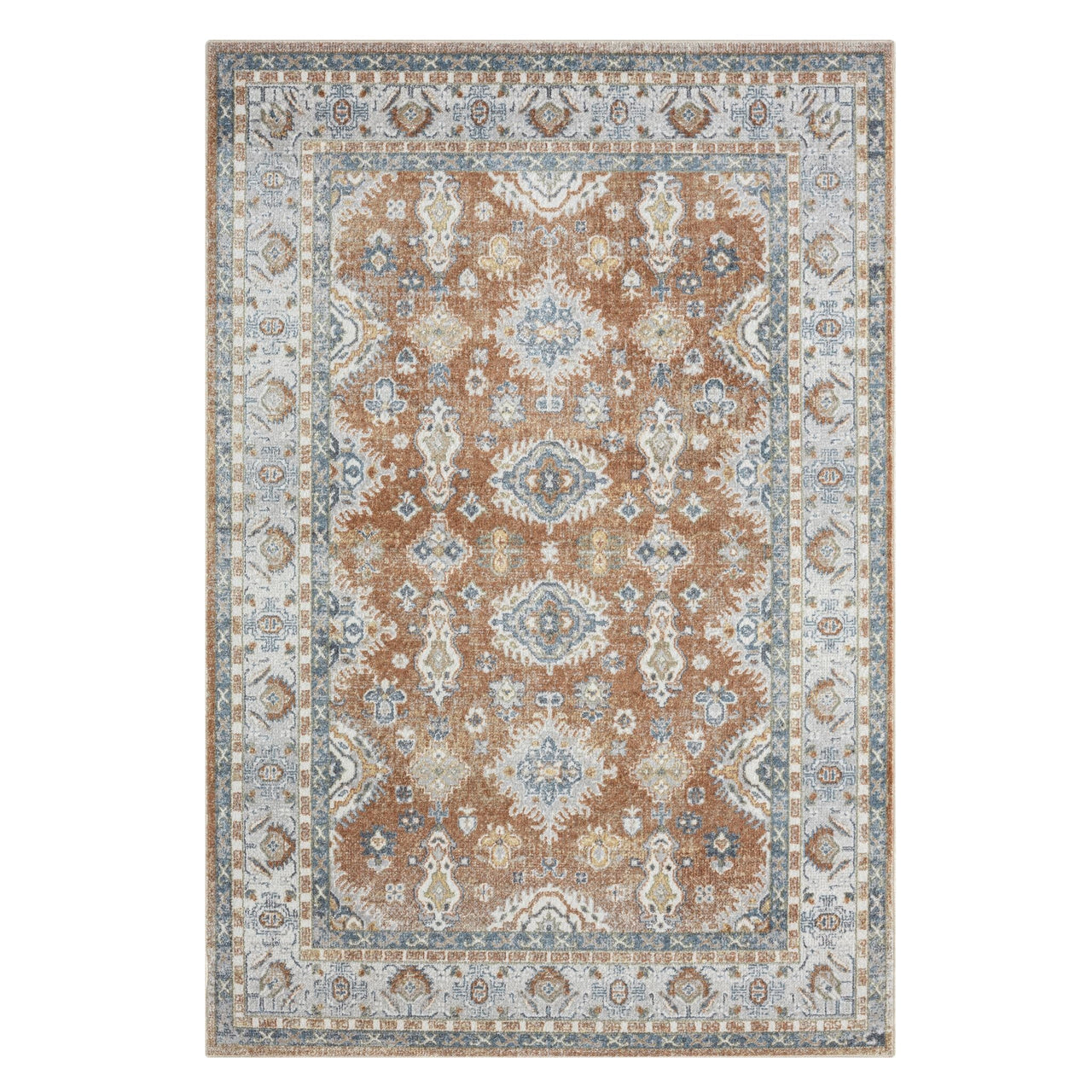 Terracotta multi-colored transitional rug with intricate floral and geometric patterns in blue, beige, and gray tones.