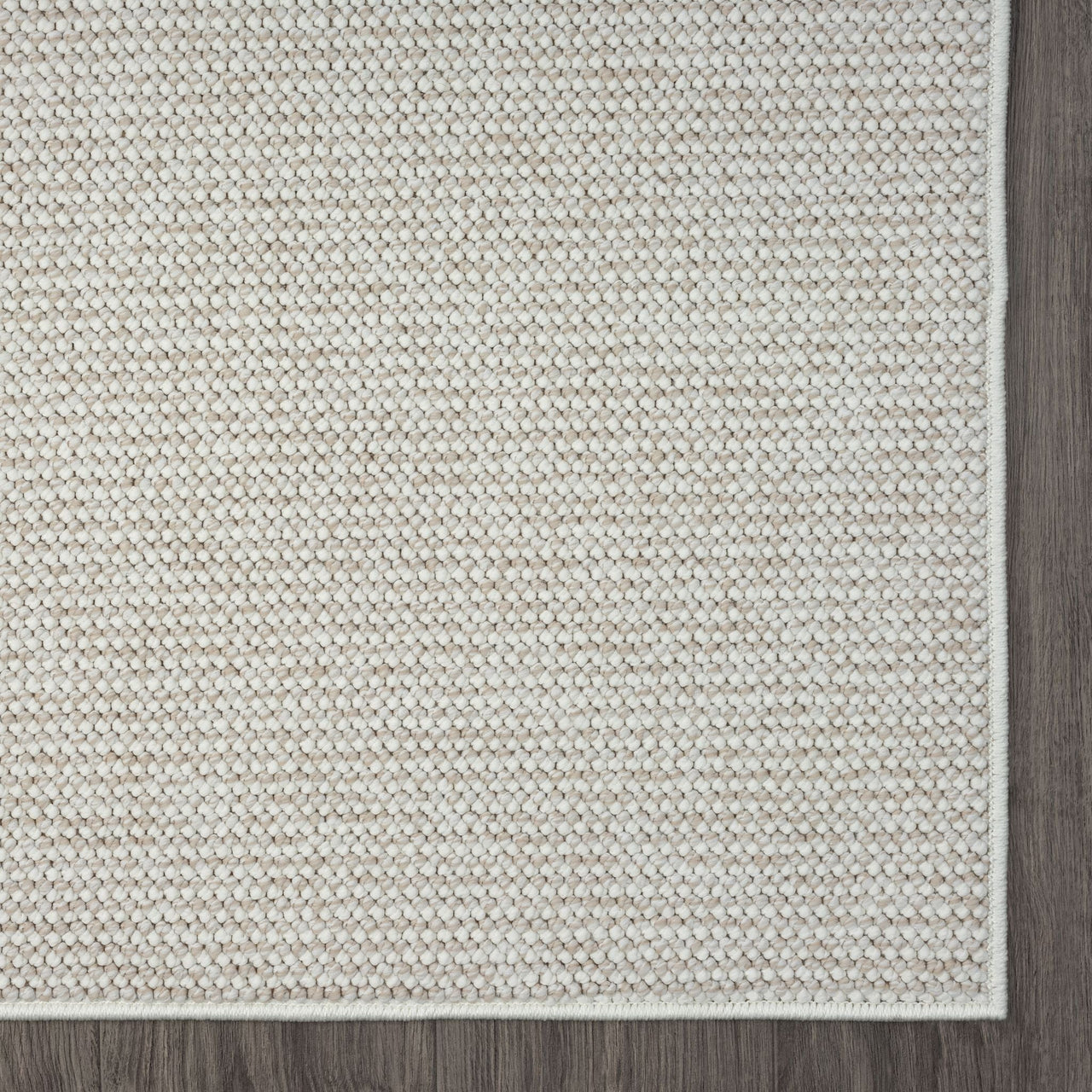 Beige flatweave rug with subtle geometric pattern and a clean stitched edge.