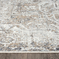 Soft beige and gray runner rug with subtle distressed geometric and floral patterns.
