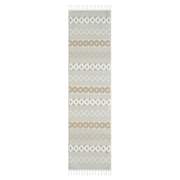 Beige and cream runner rug with modern geometric diamond and circle pattern and fringed edges.
