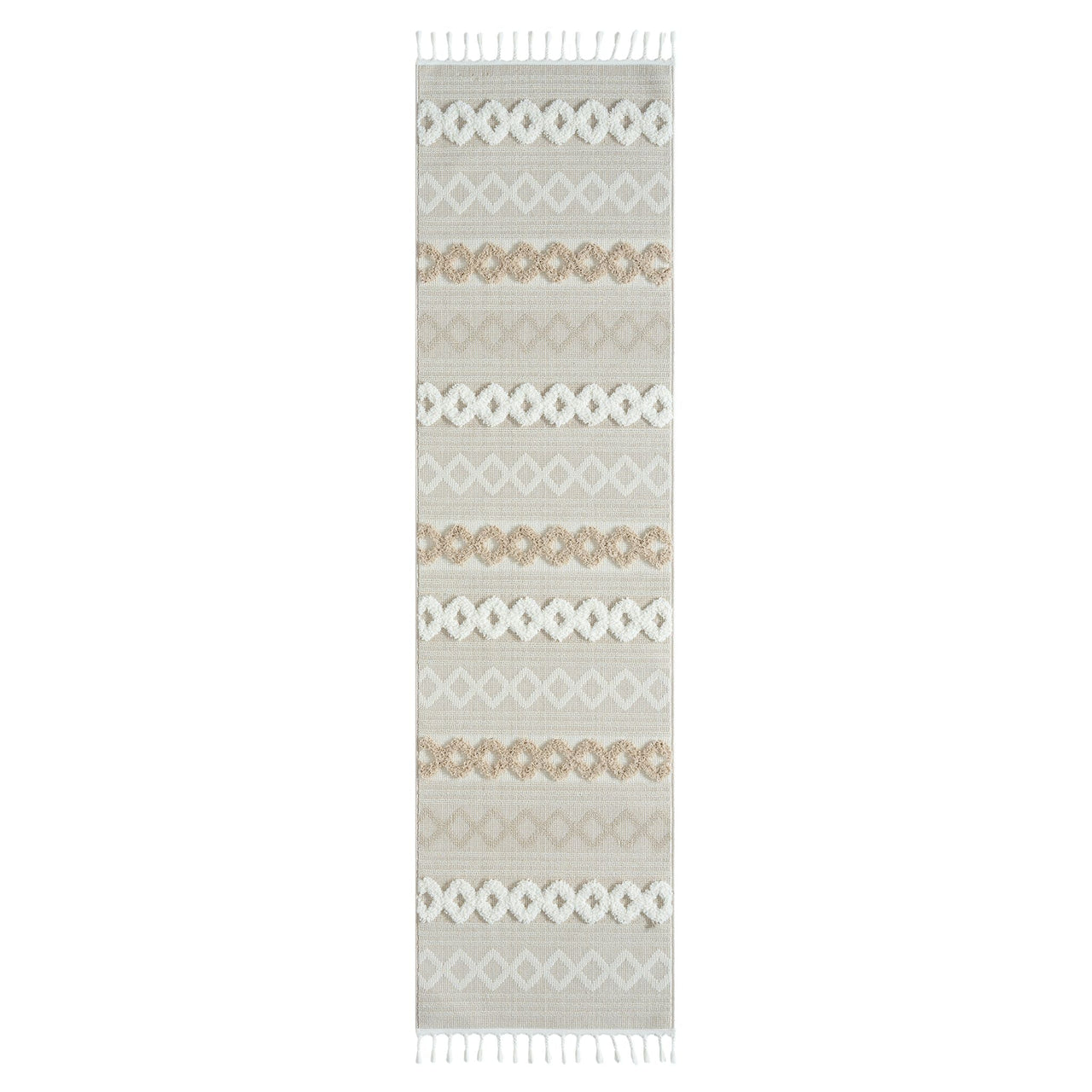 Beige and cream runner rug with modern geometric diamond and circle pattern and fringed edges.