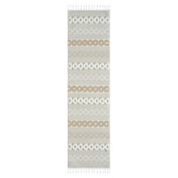 Beige and cream runner rug with modern geometric diamond and circle pattern and fringed edges.
