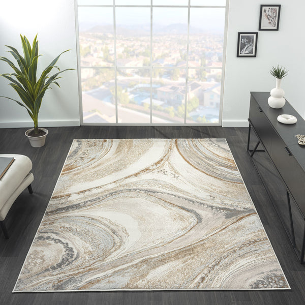 Modern rug with multi-colored marble pattern in beige, cream, and gray tones on a rectangular shape.