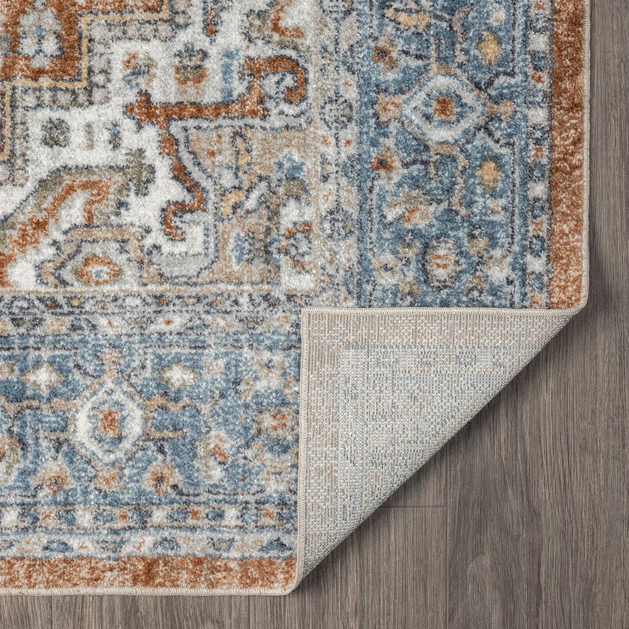 Blue, beige, and rust multi-colored transitional rug with intricate geometric and floral patterns, corner slightly folded.