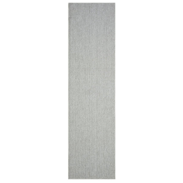 Silver grey flatweave runner rug with subtle textured geometric pattern and minimalist design.