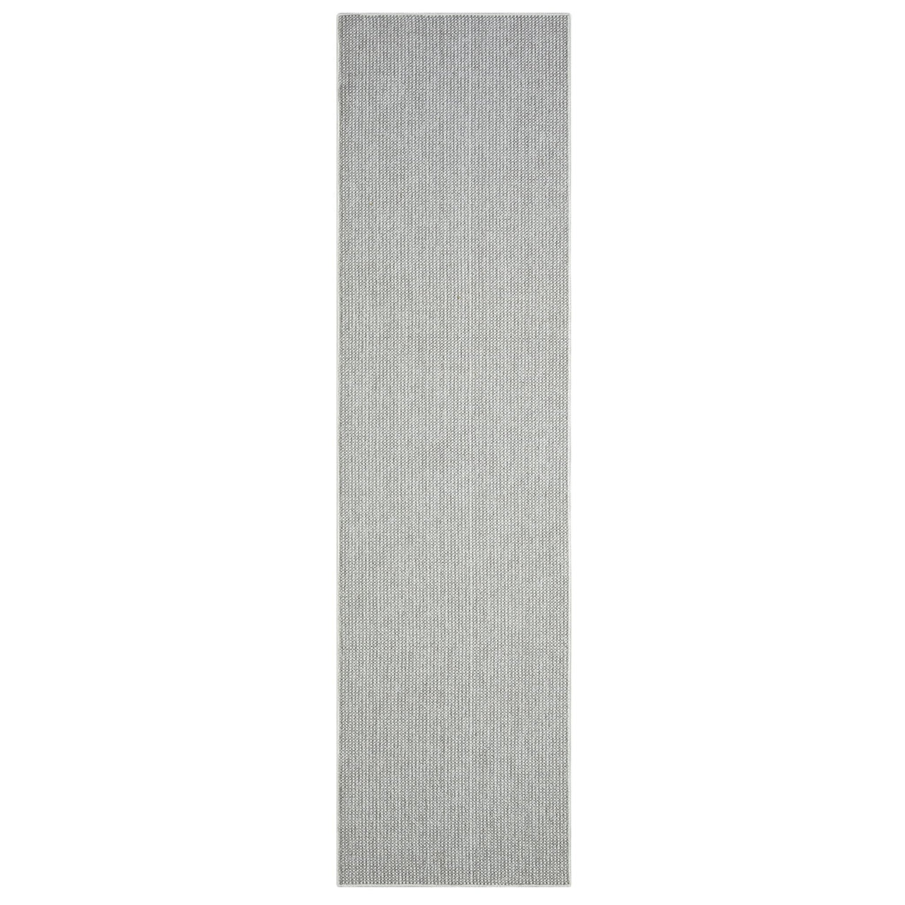 Silver grey flatweave runner rug with subtle textured geometric pattern and minimalist design.