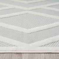 Grey and white modern rug with textured geometric pattern and polypropylene pile.