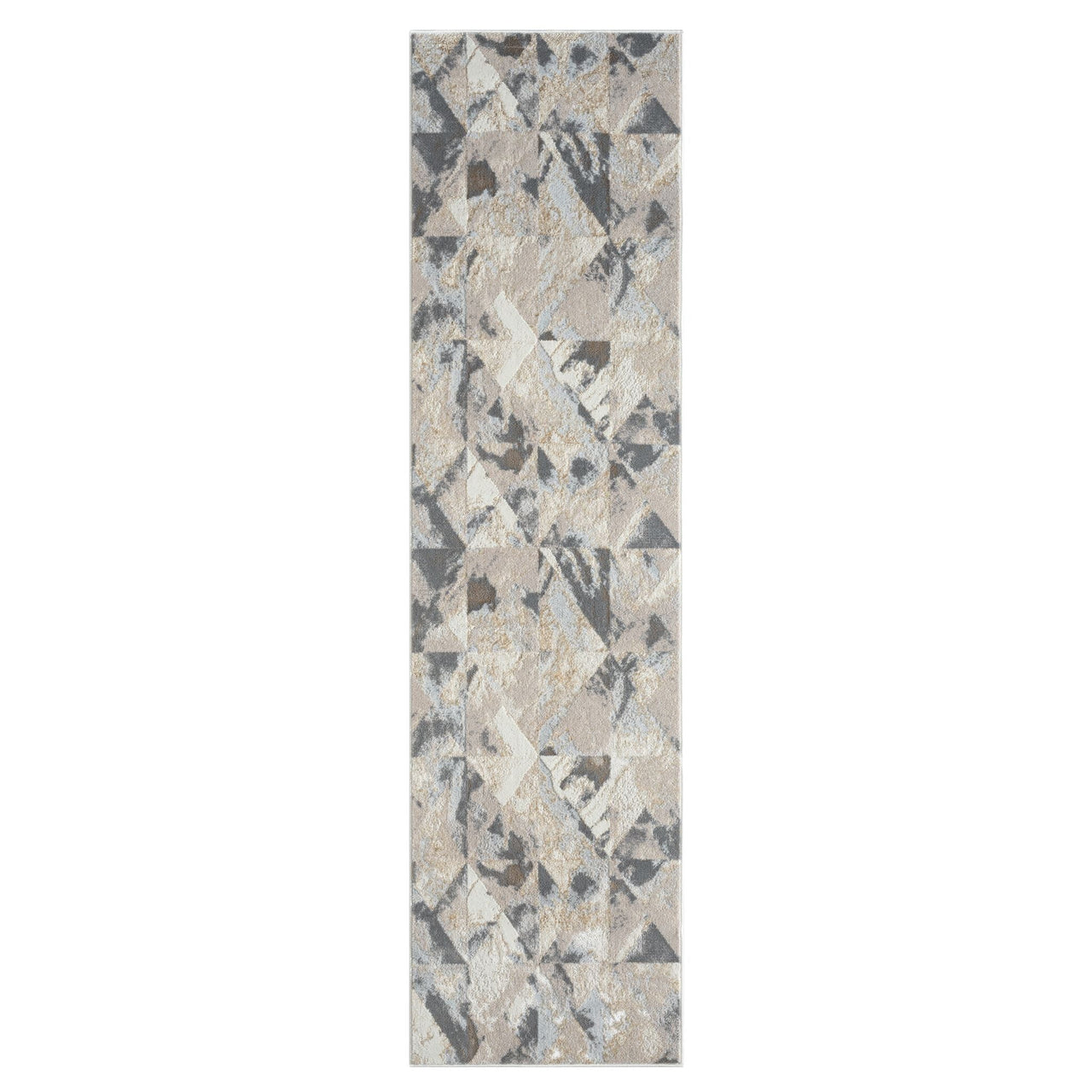 Narrow runner rug with multi-colored geometric abstract pattern in beige, gray, and black tones.