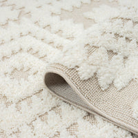 Beige and white runner rug with textured modern geometric patterns and fringed edges.