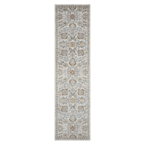 Narrow runner rug with intricate floral and geometric pattern in soft beige, gray, and subtle blue tones.