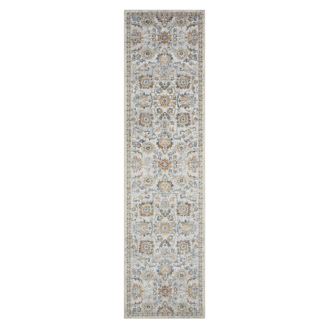 Narrow runner rug with intricate floral and geometric pattern in soft beige, gray, and subtle blue tones.