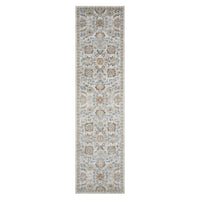 Narrow runner rug with intricate floral and geometric pattern in soft beige, gray, and subtle blue tones.