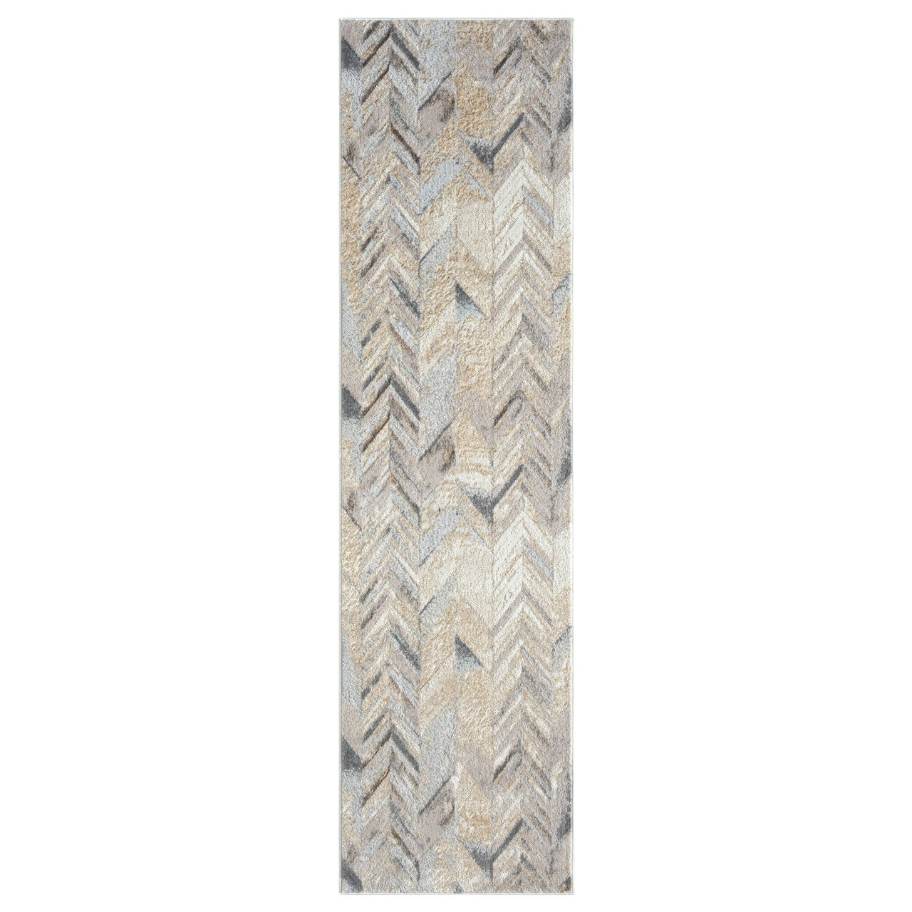 Long runner rug with multi-colored geometric chevron pattern in beige, gray, and soft blue tones.