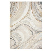 Rectangular modern rug with a multi-colored marble pattern in beige, cream, gray, and gold tones.