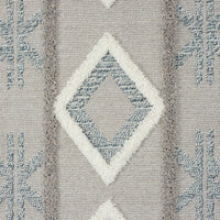 Grey and beige runner rug with textured geometric diamond pattern and subtle fringe edges.