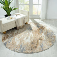 Round area rug with a marble pattern in a living room setting.