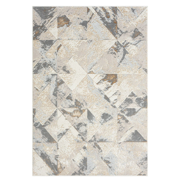Multi-colored geometric patterned rug with beige, gray, and brown abstract shapes on a cream background.