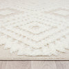 Beige and white runner rug with textured geometric diamond pattern and fringed edges on wood floor.