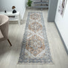 Long narrow runner rug with intricate geometric and floral patterns in blue, beige, and rust tones on a light background.