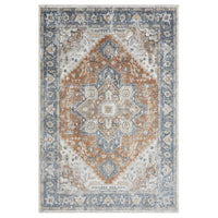 Blue, rust, and beige transitional rug with intricate medallion and floral patterns.