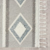 Grey and beige runner rug with modern geometric diamond pattern and fringe edges.