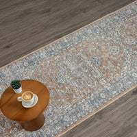 Indigo runner rug with intricate multi-color geometric and floral patterns on a muted background.