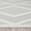 Grey and white runner rug with textured geometric chevron pattern on polypropylene pile.