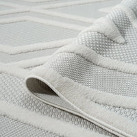 Cream runner rug with textured geometric pattern and light beige polypropylene fibers.