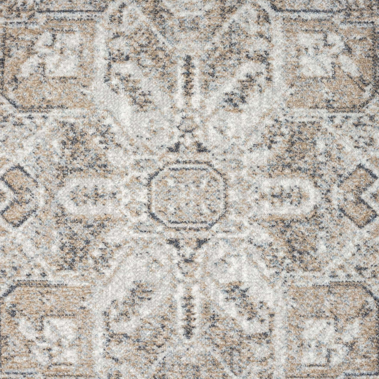 Beige and gray Earth Runner rug with symmetrical geometric and floral patterns in a soft, modern design.