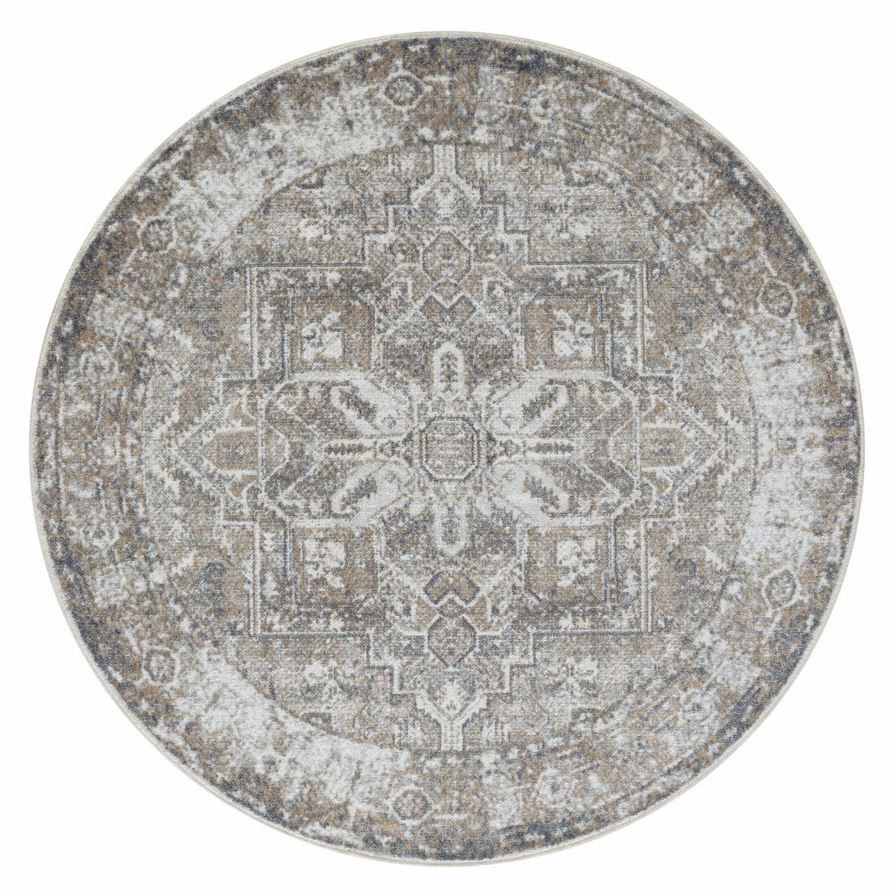 Round rug with intricate vintage-inspired gray and beige pattern and distressed finish.