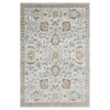 Multi-colored transitional rug with intricate floral and geometric patterns in soft blues, golds, and greys on a light.