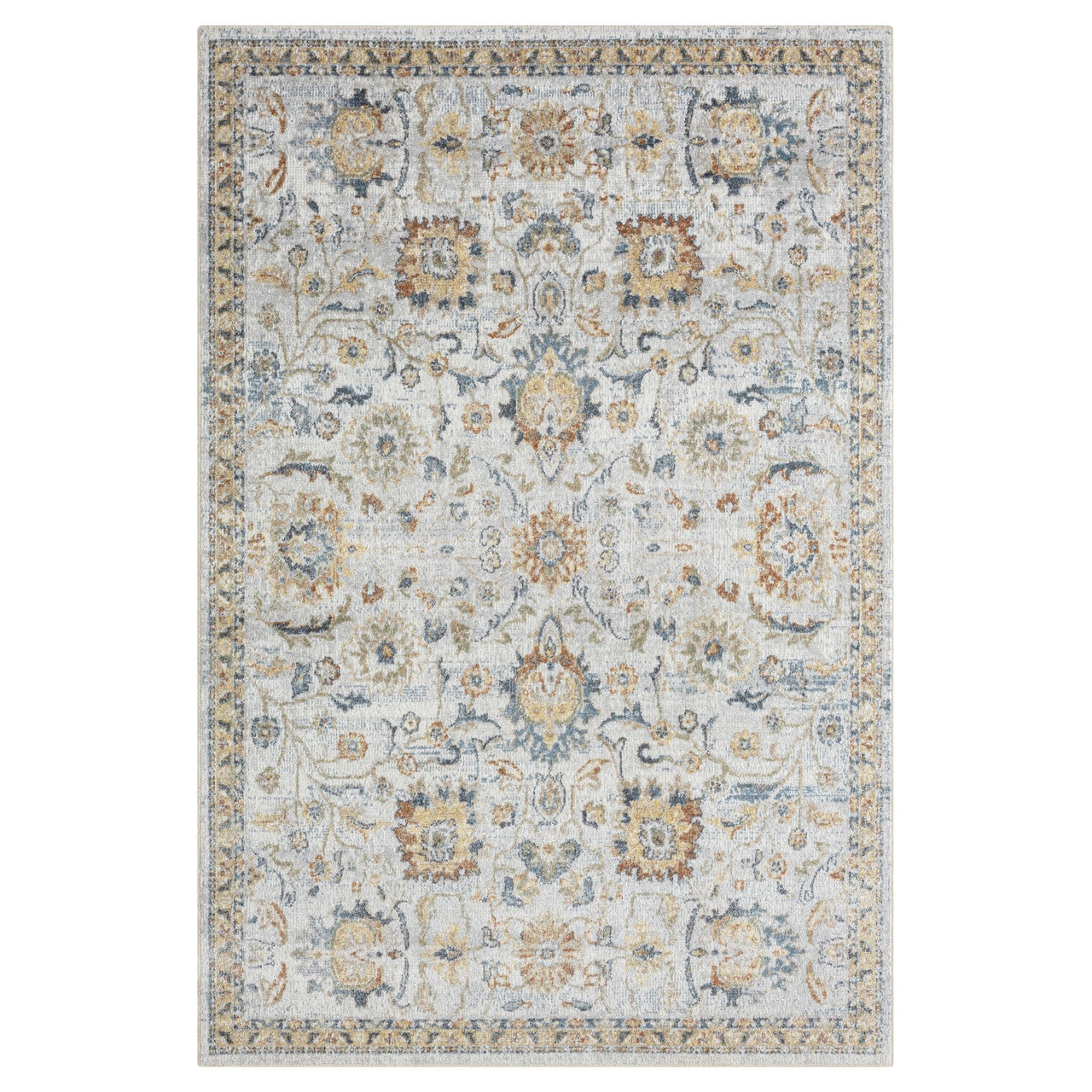 Multi-colored transitional rug with intricate floral and geometric patterns in soft blues, golds, and greys on a light.