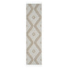 Taupe and beige runner rug with textured geometric diamond pattern and fringed edges.