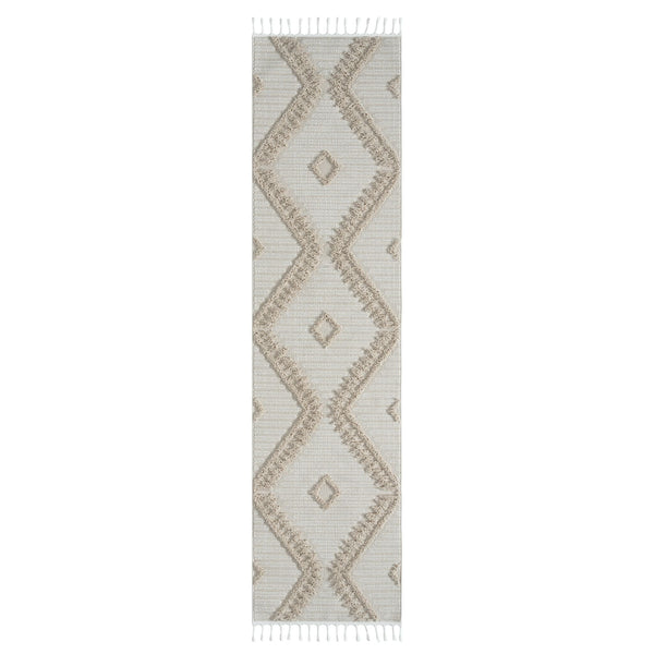 Taupe and beige runner rug with textured geometric diamond pattern and fringed edges.