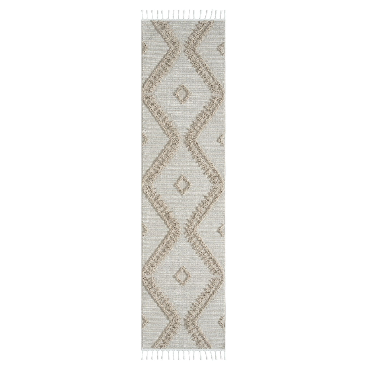 Taupe and beige runner rug with textured geometric diamond pattern and fringed edges.