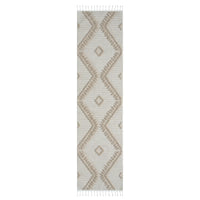 Taupe and beige runner rug with textured geometric diamond pattern and fringed edges.