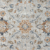 Transitional runner rug with intricate blue, orange, and beige floral motifs on a light gray background.