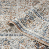 Coral runner rug with intricate modern design in beige, gray, blue, and coral tones, power-loomed polyester blend, close-up.
