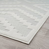 Cream runner rug with textured geometric patterns and a soft pile on light wood floor.