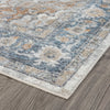 Modern transitional aqua runner rug with muted blue, beige, and cream geometric patterns on a hardwood floor.